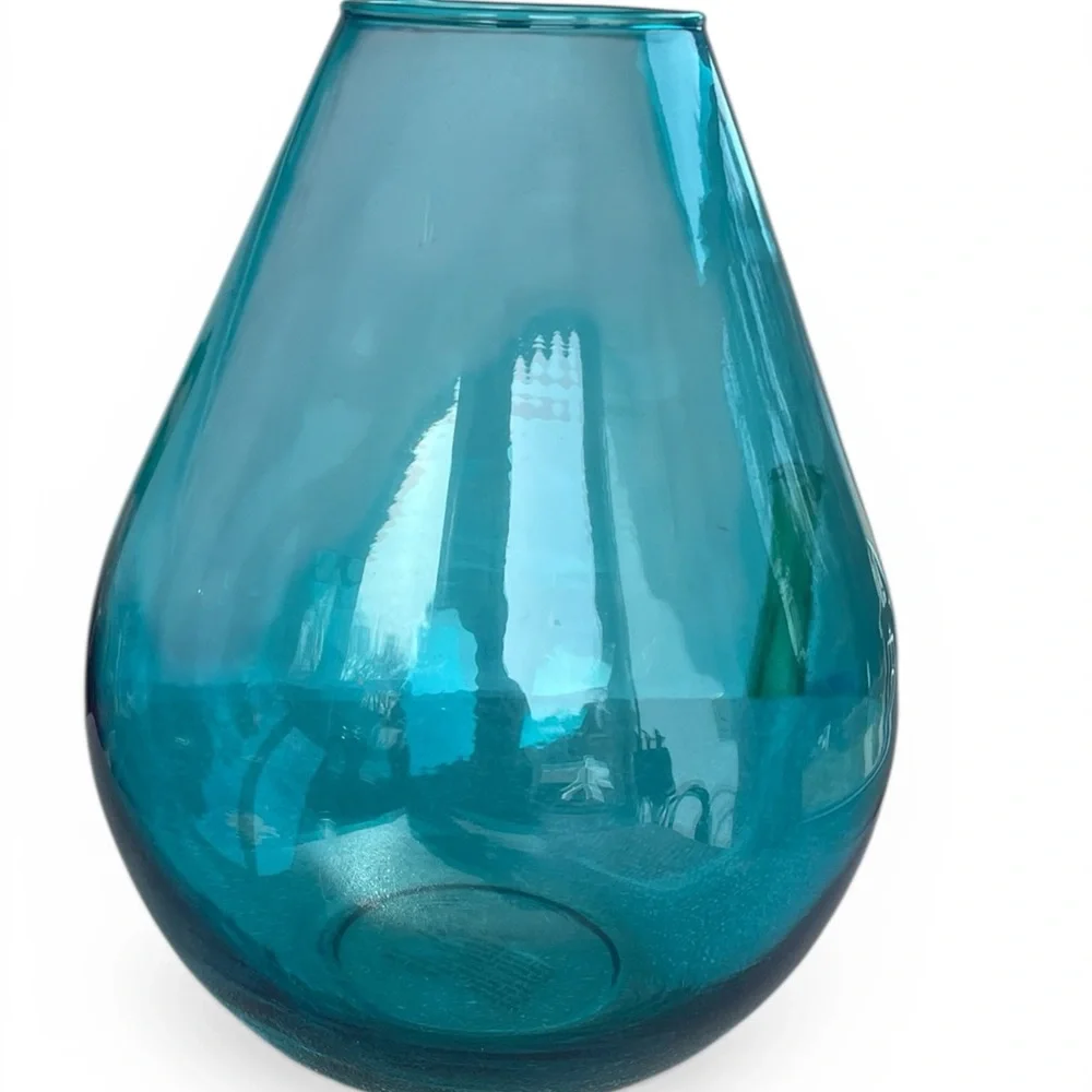 Large glass vase, aqua colored using hand applied cold paint process, made Spain